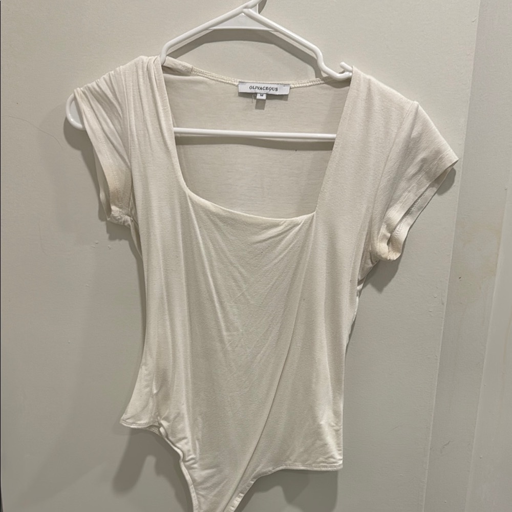Cream Fitted Bodysuit with Cuffed Cap Sleeves